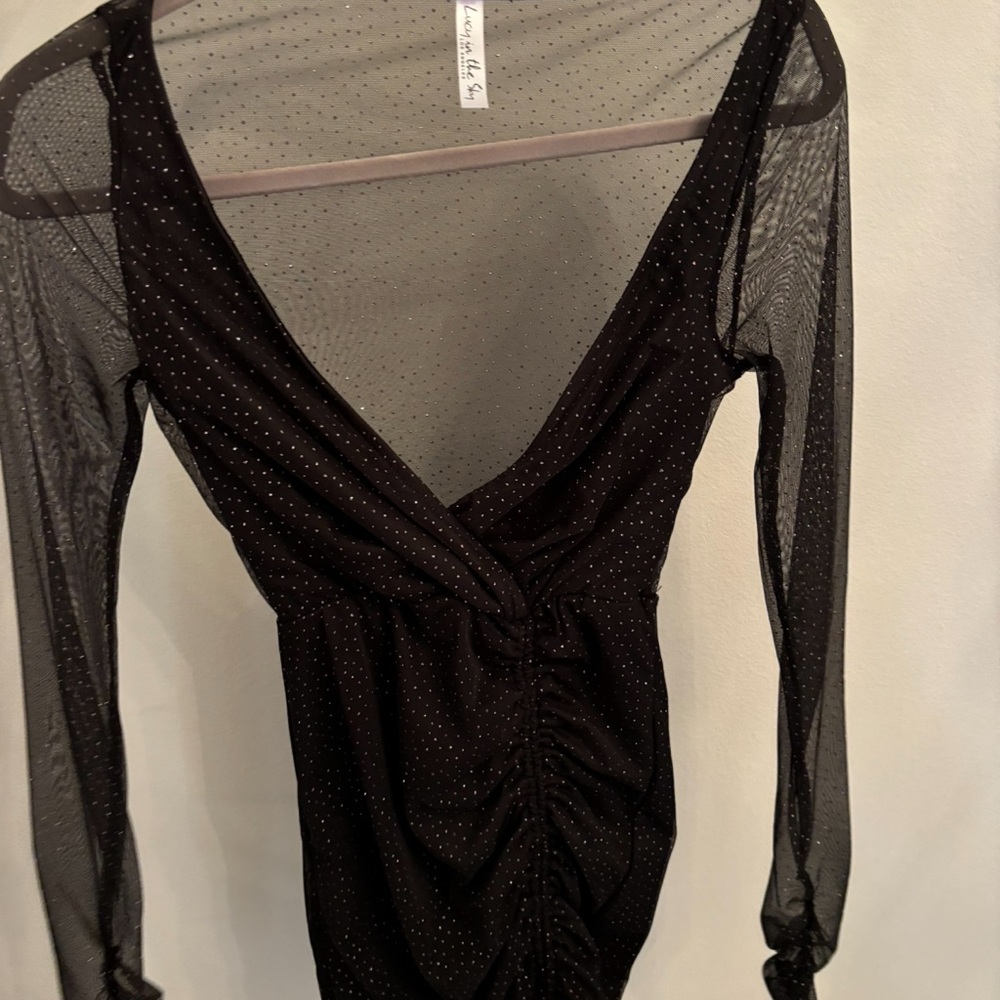 Lucy in the sky “Donatello Off Shoulder Mesh Dress in Black Shimmer”